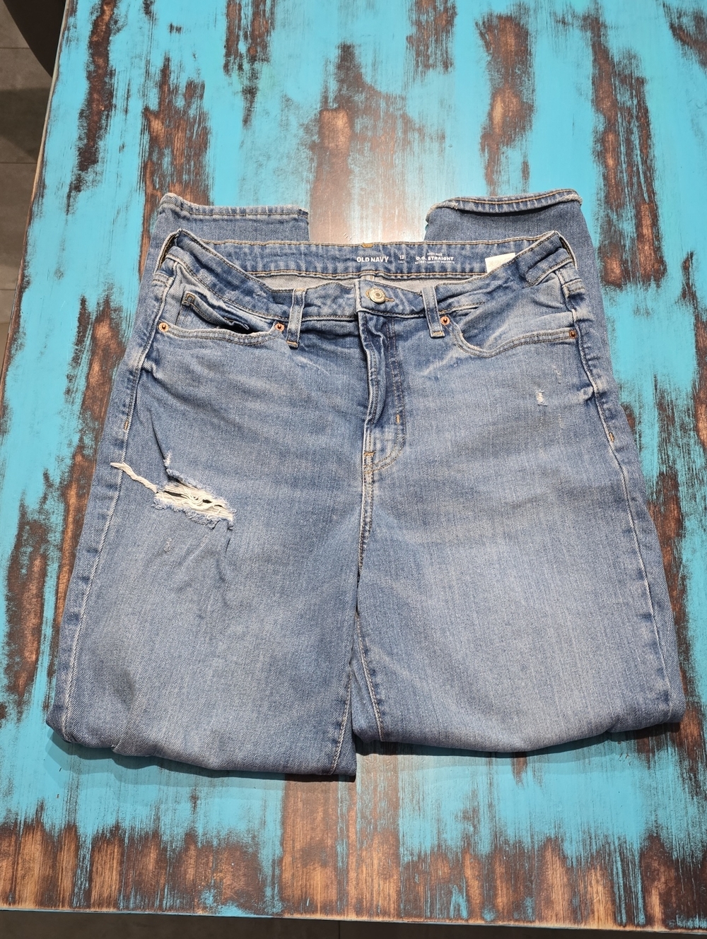 Old Navy Light Wash Straight Leg Jeans with Knee Distress